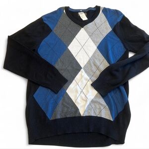 NWT XG Argyle Diamond V-Neck Black Blue Gray Cotton Pullover Sweater Men's M